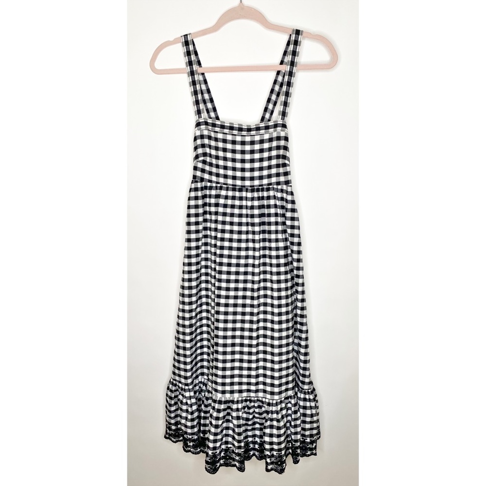 J Crew Dress Gingham Midi Black White Strappy Square Neck Summer Eyelet Size 2